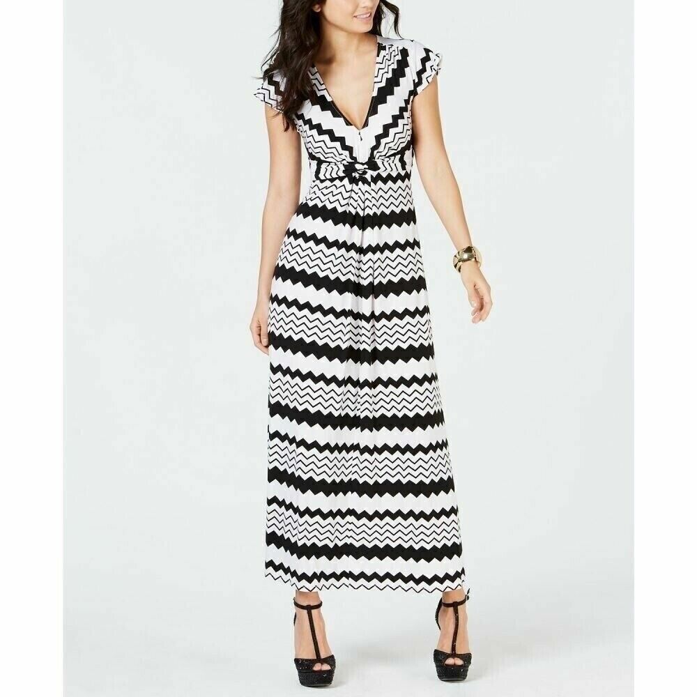 NWT Thalia Sodi Maxi Dress Womens Medium Black White Chevron Print Sundress